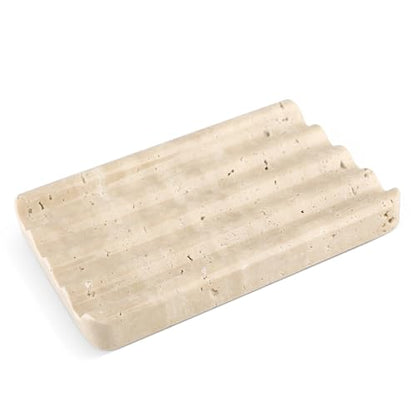 Karibiber Marble Soap Dish, Beige Travertine Bar Soap Holder Shower, Large Bathroom Soaps Saver, Easy Cleaning Natural Stone Sponge Holder for Kitchen Sink, Executive Jewelry Ring Tray - color: Travertino Romano