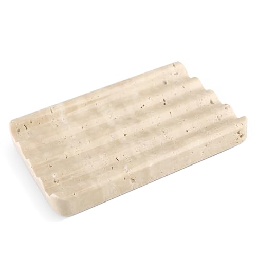 Karibiber Marble Soap Dish, Beige Travertine Bar Soap Holder Shower, Large Bathroom Soaps Saver, Easy Cleaning Natural Stone Sponge Holder for Kitchen Sink, Executive Jewelry Ring Tray - color: Travertino Romano