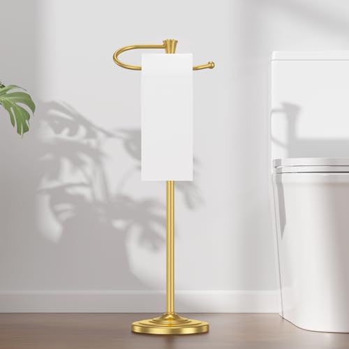 Toilet Paper Holder Free Standing, 25” H Stainless Steel Brass Gold Toilet Paper Stand, Weighted Base Floor Tissue Roll Holder for Bathroom,Toilet Roll Stand - color: Brass Gold