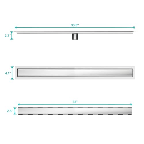 32 inch Linear Shower Drain with Tile Insert Grate Cover | Brushed 304 Stainless Steel Bonding Flange Linear Drain, Low Profile Linear Shower Drain with Hair Strainer - color: 32 in, size: Tile-insert