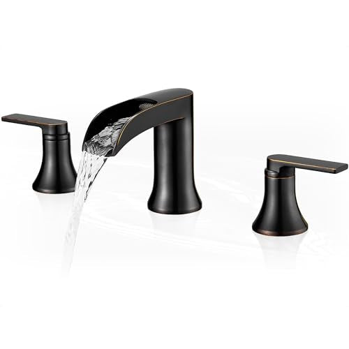 Oil Rubbed Bronze Waterfall Bathroom Faucet 2 Handle, 8 Inch Widespread Bathroom Sink Faucet 3 Hole with Supply Lines, Brass Material for Vanity, Lavatory, Restroom, Farmhouse, NO Pop-up Drain - color: Oil Rubbed Bronze, style: NO Pop Up Drain