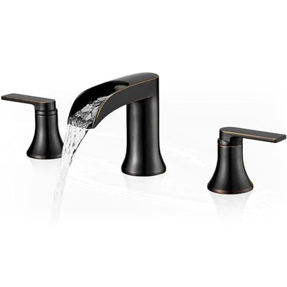 Oil Rubbed Bronze Waterfall Bathroom Faucet 2 Handle, 8 Inch Widespread Bathroom Sink Faucet 3 Hole with Supply Lines, Brass Material for Vanity, Lavatory, Restroom, Farmhouse, NO Pop-up Drain - color: Oil Rubbed Bronze, style: NO Pop Up Drain