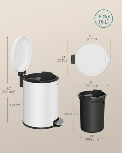 SONGMICS Bathroom Trash Can, 1.6 Gallon (6 L) Small Toilet Garbage Bin with Lid, Soft-Close, Stainless Steel, Pedal, Inner Bucket, Bedroom, Cloud White ULTB016WZ01 - color: Cloud White