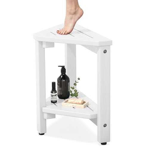 SERWALL 15" Shower Foot Rest for Shaving Legs, Waterproof Corner Shower Stool for Inside Shower, HDPE Shower Bench with Storage Shelf, Load 360Lbs, Indoor/Outdoor Use, White - color: White
