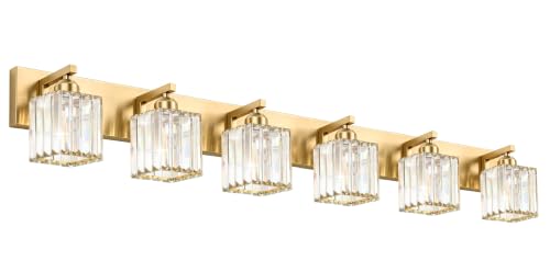 Gold Crystal Bathroom Vanity Light, 6-Light Modern Bathroom Lighting Fixtures Over Mirror,Chrome Wall Sconce Light Fixtures with Square Shade - color: Gold-Square Shade, size: 6-LIGHT