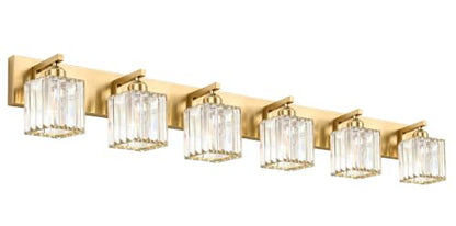 Gold Crystal Bathroom Vanity Light, 6-Light Modern Bathroom Lighting Fixtures Over Mirror,Chrome Wall Sconce Light Fixtures with Square Shade - color: Gold-Square Shade, size: 6-LIGHT