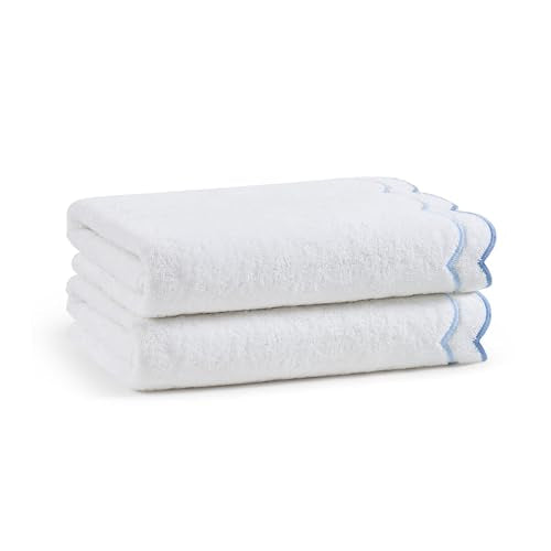 Peri Home 2 Piece Cotton Bath Towel Set, Embroidered, White, Blue Scallop - color: White With Blue Scallop, size: 2 Bath Towel