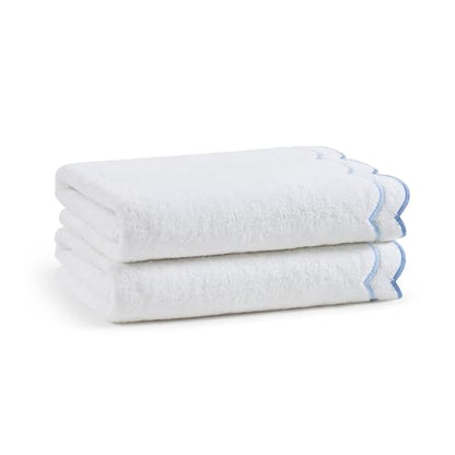 Peri Home 2 Piece Cotton Bath Towel Set, Embroidered, White, Blue Scallop - color: White With Blue Scallop, size: 2 Bath Towel