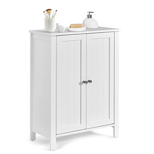 COSTWAY Bathroom Floor Cabinet, Freestanding Side Storage Organizer (White) | with Double Doors & Adjustable Shelf, Wooden Storage Cabinet for Living Room, Bedroom, Kitchen, Entryway - color: White