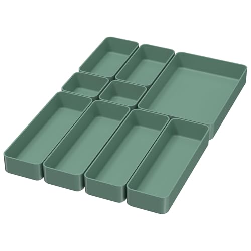 CHANCETSUI 9 Pcs Stackable Drawer Organizer Trays Set, Green, Multifunctional Storage for Vanity, Bathroom, Kitchen, Desk Drawer Organizer Office, PET Plastic | Sage Green Shallow Small Plastic Bins for Junk Organization - color: Green