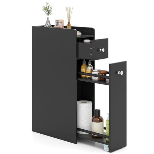 Giantex Slim Bathroom Storage Cabinet, Space-saving Toilet Side Cabinet with Slide-out Drawers on 3 Wheels, Freestanding Narrow Toilet Paper Holder for Living Room, Laundry Room, Compact Space (Black) - color: Black
