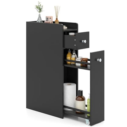 Giantex Slim Bathroom Storage Cabinet, Space-saving Toilet Side Cabinet with Slide-out Drawers on 3 Wheels, Freestanding Narrow Toilet Paper Holder for Living Room, Laundry Room, Compact Space (Black) - color: Black