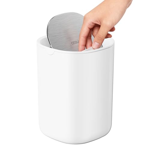 Cesun Mini Desktop Trash Can with Swing Lid, 0.4 Gal Desk Trash Can, White | Removable Lid, Tiny Garbage Can for Tabletop/Counter/Home Office/Makeup Area/Car Interior, Odor Seal, Stain Resistant, Sturdy - color: White