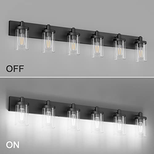 Aipsun 48in Vanity Light Black Bathroom Vanity Lighting Fixtures 6 Light Bathroom Light Fixtures with Clear Glass Shade(Exclude Bulb) - color: Black, size: 6-Light