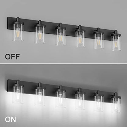 Aipsun 48in Vanity Light Black Bathroom Vanity Lighting Fixtures 6 Light Bathroom Light Fixtures with Clear Glass Shade(Exclude Bulb) - color: Black, size: 6-Light