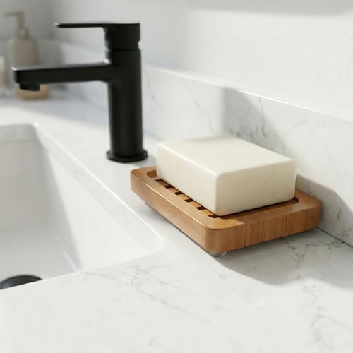 Bamboo Soap Dish with Drainage, 2 Pack Slotted Self Draining Bar Soap Holder, Acacia Finish for Shower, Bathroom Sink & Kitchen Countertop - color: Acacia Brown