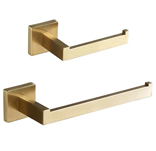 SHUNLI Gold Toilet Paper Holder + Hand Towel Holder, Brushed Gold Bathroom Accessories Hardware Set 2 Pieces, Wall Mounted Towel Ring Towel Bar, SUS304 Stainless Steel - color: Brushed Gold