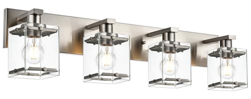 4-Lights Bathroom Vanity Light Fixtures in Brushed Nickel, E26 Socket Wall Sconce Lighting Fixtures with Clear Glass Shades for Over Mirror Bedroom Living Room Cabinet - color: Brushed Nickel, Clear Glass, size: 4-Lights