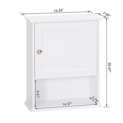Spirich Bathroom Wall Cabinet Over Toilet, Small Medicine Cabinet, White | FSC-Certified Wood, Adjustable Shelf, Single Beadboard Door, Open Bottom Shelf, Compact Wall Storage for Bathroom or Kitchen