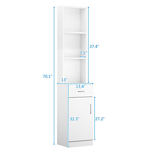 White Bathroom Tall Cabinet, Slim Storage Cabinet, Narrow Freestanding Floor Cabinet with Drawer & Shelves, Linen Tower,Storage Cabinet with Open Shelves,Shelves for Home, Kitchen 34 x 33 x 178CM