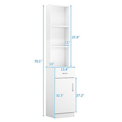 White Bathroom Tall Cabinet, Slim Storage Cabinet, Narrow Freestanding Floor Cabinet with Drawer & Shelves, Linen Tower,Storage Cabinet with Open Shelves,Shelves for Home, Kitchen 34 x 33 x 178CM