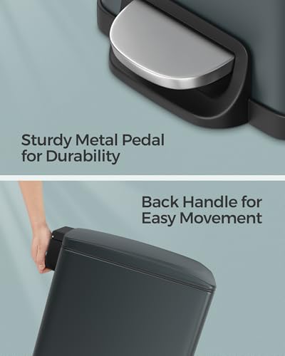 SONGMICS Slim Trash Can, 13-Gallon (50 L) Garbage Can for Narrow Spaces with Soft-Close Lid, Inner Bucket, and Step-on Pedal, Stainless Steel, 15 Trash Bags Included, Charcoal Gray ULTB510G01 - color: Charcoal Gray, style: 13 Gal.