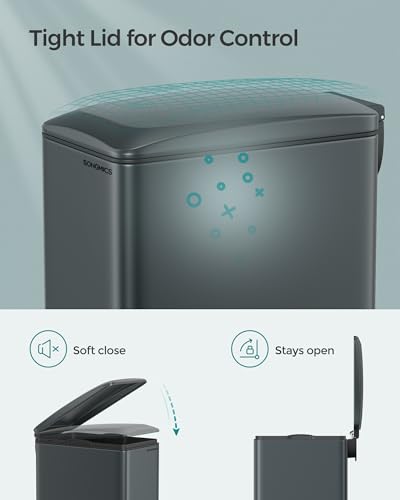 SONGMICS Slim Trash Can, 13-Gallon (50 L) Garbage Can for Narrow Spaces with Soft-Close Lid, Inner Bucket, and Step-on Pedal, Stainless Steel, 15 Trash Bags Included, Charcoal Gray ULTB510G01 - color: Charcoal Gray, style: 13 Gal.