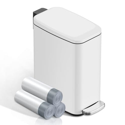 KSSKSS Small Bathroom Trash Can with Lid Soft Close, Step Pedal, 6L / 1.6 Gal Stainless Steel Garbage Bin with Removable Inner Bucket, Slim Wastebasket for Narrow Spaces (White) - color: White--H