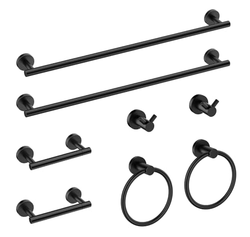 FORIOUS Bathroom Accessories, 8-Piece Bathroom Hardware Set - 24" Towel Bar | Matte Black | Towel Hooks, Towel Racks for Bathroom, Toilet Paper Holder Wall Mounted & Towel Ring | SUS304 Stainless Steel - color: Matte Black, size: 24 in | 8 Pieces