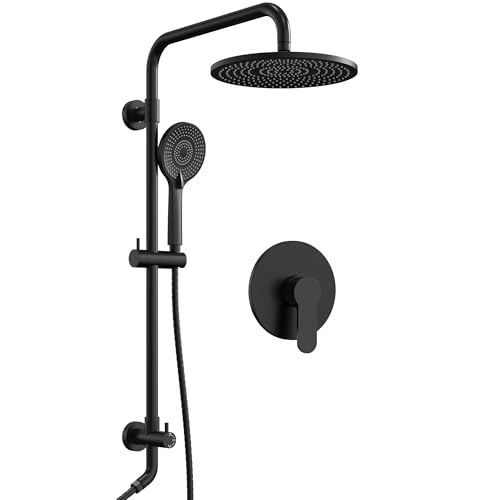 10 Inch High Pressure Rainfall Shower System with Slide Bar, Wall Mount Bathroom Round Shower Faucet Set with Valve, Matte Black - color: Black