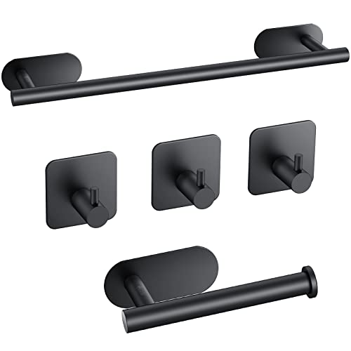 JiGiU 16-Inch Towel Bar, Self Adhesive Bath Hardware Set Bathroom Towel Holder with Toilet Paper Holder & 3 Packs Towel Hooks Stainless Steel Bathroom Hardware Accessory Kit, No Drilling-Black | Wall Mounted Towel Holder, Bathroom Accessories, Stainless S