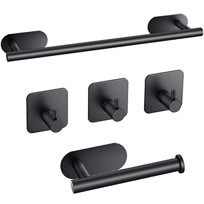 JiGiU 16-Inch Towel Bar, Self Adhesive Bath Hardware Set Bathroom Towel Holder with Toilet Paper Holder & 3 Packs Towel Hooks Stainless Steel Bathroom Hardware Accessory Kit, No Drilling-Black | Wall Mounted Towel Holder, Bathroom Accessories, Stainless S