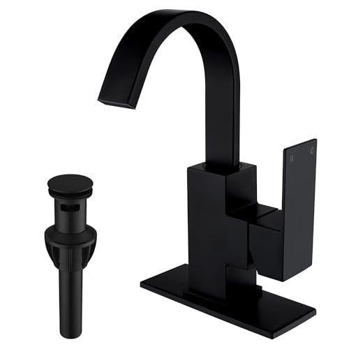 Matte Black Bathroom Faucet Waterfall Faucet Bathroom Vanity with 360 Degree Swivel Spout, Single Hole Bar Sink Faucet with Hose and 6 "Deck Plate,SL5004BK - color: Matte Black, size: Short