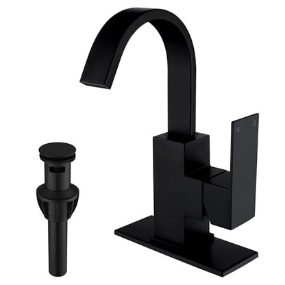 Matte Black Bathroom Faucet Waterfall Faucet Bathroom Vanity with 360 Degree Swivel Spout, Single Hole Bar Sink Faucet with Hose and 6 "Deck Plate,SL5004BK - color: Matte Black, size: Short