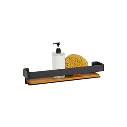 Seachrome Rectangular Shower Shelf with Rail in a Matte Black Finish and Natural Teak Wood Insert - color: Matte Black