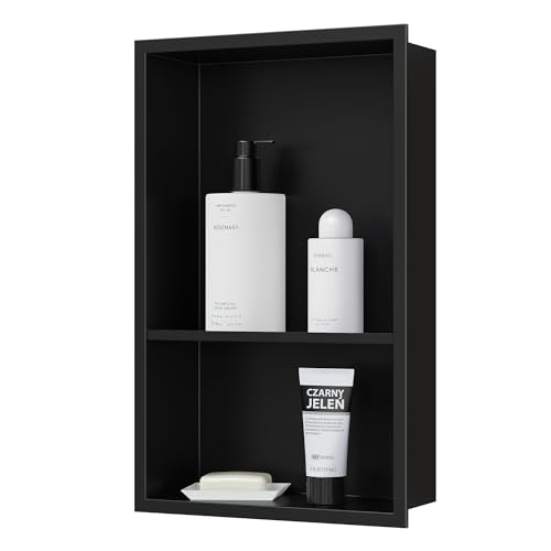 Qeke 12" x 18" Stainless Steel Shower Niche w/Double Shelves, Matte Black | No tile Needed Wall Niche, Recessed Niche for Bathroom Storage, Space Saving, Over Mount Installation - color: Matte Black, size: 12X18"