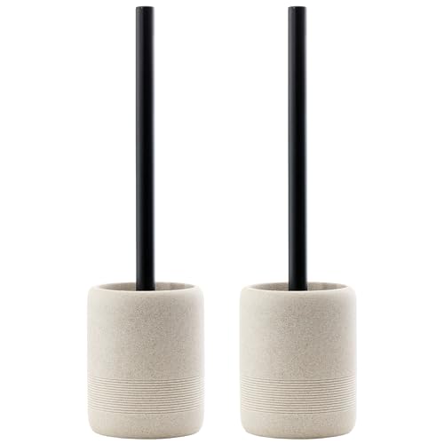 Toilet Brush and Holder Set, 2 PCS,Simple Sandstone Look,Beige | Decorative Toilet Bowl Brush and Holder Set,Heavy-Weight Resin Base with Long Handle Scrubber Brush,Bathroom Aceessories