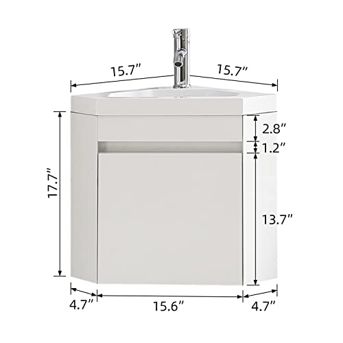 22" Corner Bathroom Vanity Sink Combo – Wall-Mounted White Resin Basin Cabinet Set with Chrome Faucet & Drain (white, 22 inch) - color: White