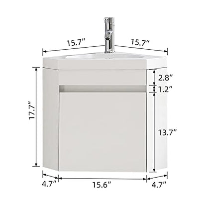 22" Corner Bathroom Vanity Sink Combo – Wall-Mounted White Resin Basin Cabinet Set with Chrome Faucet & Drain (white, 22 inch) - color: White