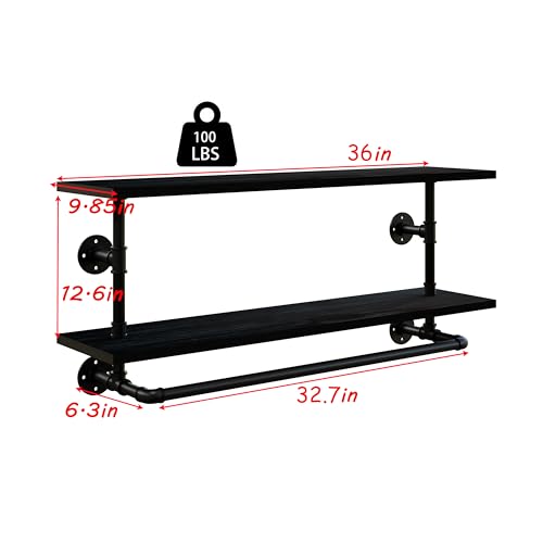 Clothes Rack 36in, 2-Tier Wall Mounted Garment Rack with Real Wood Shelf, Heavy Duty Hanging Clothes Rack, Multi-Purpose Hanging Rod, Space-Saving Closet Storage - color: Black, size: 2T36IN