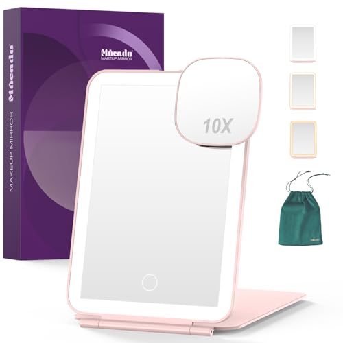 Mocado Travel Makeup Mirror with Light, 1x/10x Magnifying Mirror with Light | Magnetic 10x Magnifying, 3 Colors Light, 0-100% Brightness Adjustable, 2000mAh Rechargeable, Memory Function - color: A-pink