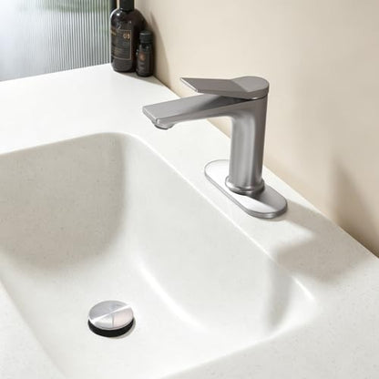 Rbrohant Single Hole Bathroom Faucet, Brushed Nickel Single Handle Bathroom Sink Faucets for 1 Hole, Bathroom Vanity Faucet with Pop up Drain and Cover Plate, Deck Mount, R2001-BNP - color: Brushed Nickel, style: With Escutcheon