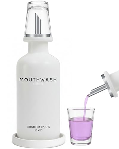 White Glass Mouthwash Dispenser for Bathroom by Brighter Barns - Mouth Wash Dispenser with Stainless Steel Spout, Glass Mouthwash Cup, Tray - Minimalist Bathroom Decor for Hotel, Airbnb, Spa (White) - color: White