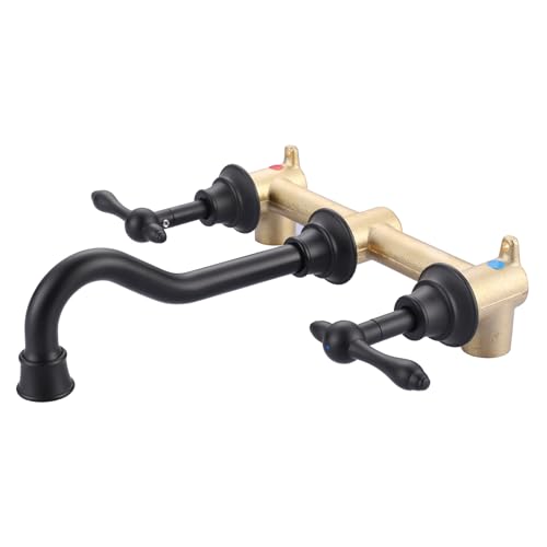 Black Bathroom Faucet Wall Mount: WOWOW Brass Bathroom Sink Faucets 2 Handle and Rough-in Valve Included, 8 Inch Lavatory Faucet 3 Hole Antique Tap - color: Black
