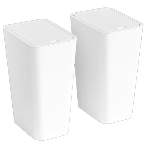 Yieach 12L White Slim Bathroom Trash Can with Lid,3.17 Gallon Pet/Dog Proof Kitchen Trash Can,Rectangle Thin Garbage Can,Covered Waste Basket,Narrow Small Plastic Trashcan for Room,Bedroom,Office,2PCS - color: White, size: 12L - 2 PACK