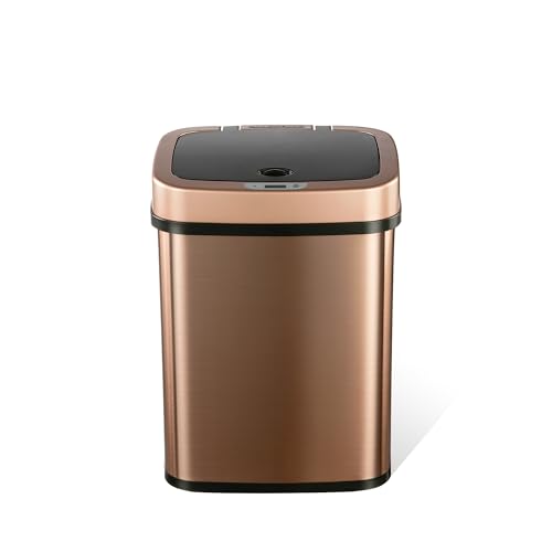 Ninestars 3 Gallon Automatic Trash Can, 12L Touchless Motion Sensor Bathroom or Bedroom Garbage Can with Odor-Sealing Lid, Rectangular Gold Stainless Steel Base, Black Lid - color: Rose Gold/Black