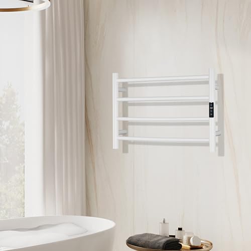Electric Towel Rack with Voice Control for Alexa & Google Home,TUYA - Wall-Mounted Bathroom Heating Towel Warmer,Plug-in,Stainless Steel Material,16.54x23.62x5.51 in,White,4 Bars - color: White With Wifi, size: 4 Bar