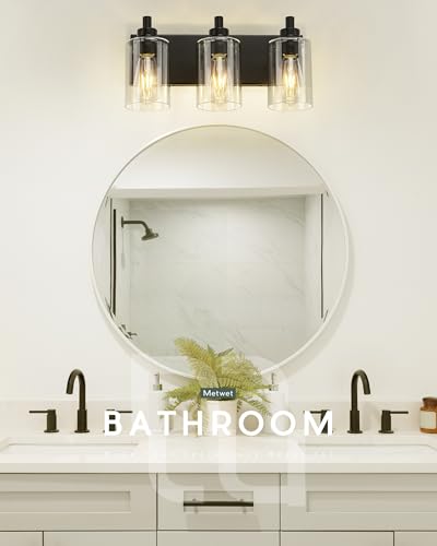 3-Light Bathroom Light Fixtures, Black Vanity Light with Cylinder Clear Glass Shade, Modern Vanity Lighting Fixtures Over Mirror, VL143-MB-3 | 16.5" modern bathroom light fixtures over mirror, E26 base, bulbs not included, VL143-MB-3 - color: Black, Cylin