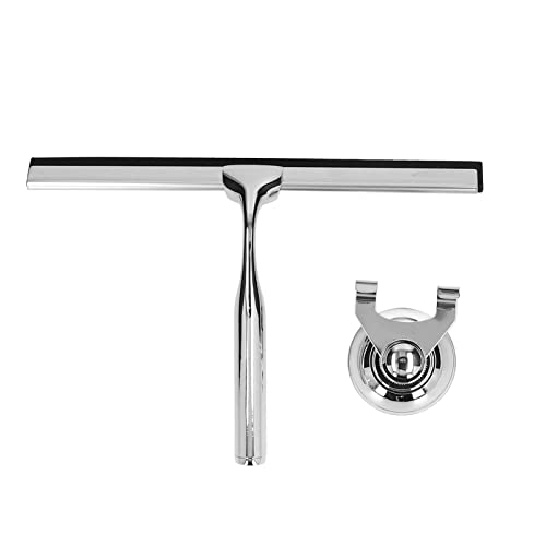 Stainless Steel Glass Squeegee, Window Squeegee Water Blade for Shower Doors Mirrors Tiles, Rust - Proof Rubber Edge Squeegee with Suction Cup Holder for Home Bathroom