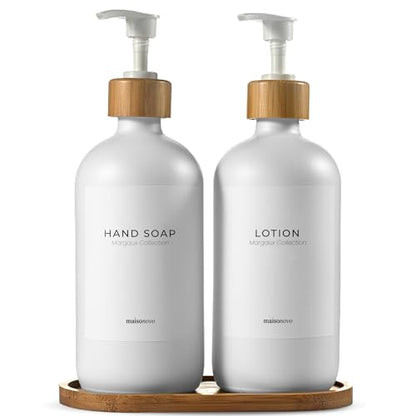 Maisonovo Soap Dispenser Set - White Soap Dispenser White Bamboo Pumps | Glass bottles for body wash, lotion, shampoo or conditioner · Sink, bathroom or countertop · Tray, 16.9 oz each - color: White Bottles White Bamboo Pumps